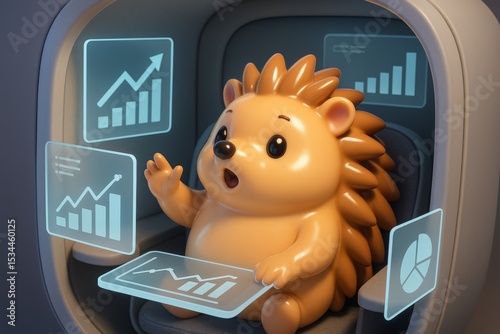 A cute 3D cartoon hedgehog with an amazed expression sits surrounded by various glowing, holographic financial or business charts, suggesting data analysis, market trends, or business insights in a fu