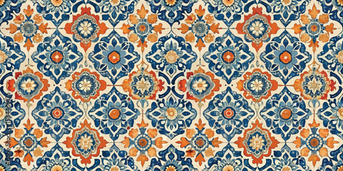 Intricate blue and orange floral tile pattern highlighting artistic craftsmanship.