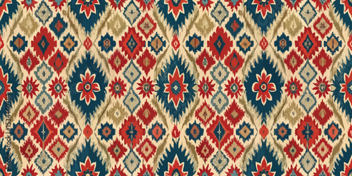 Colorful diamond-patterned fabric with red, blue, and gold floral motifs.