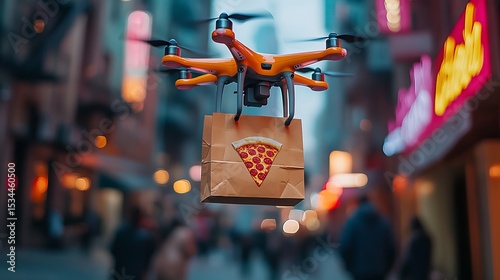 An orange drone delivering a pizza in a bustling urban street.
