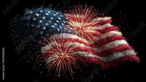 American flag-themed fireworks burst in night sky, dynamic and festive Independence Day,