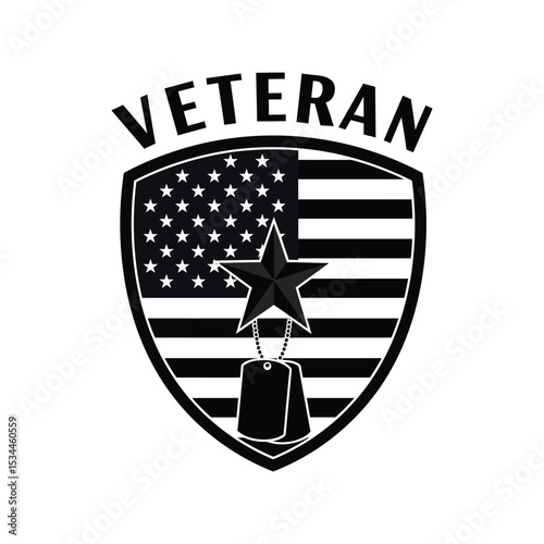 4th of July Veteran Vector Illustration – American Flag Shield, Star, Dog Tags, Patriotic Military Tribute Art

