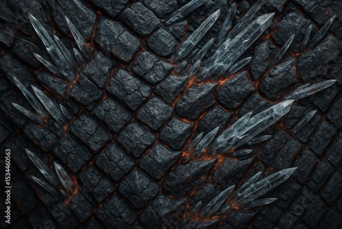 A fantasy texture background of dark, rocky dragon scales with sharp, clear crystals emerging. A fiery orange glow emanates from the cracks, suggesting power or lava. A concept for magic, monsters, an
