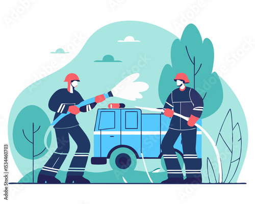 Firefighter Team Fighting Wildfire with Water Hose - Semi Flat Color Vector Characters, Full Body Cartoon Illustration Isolated on White