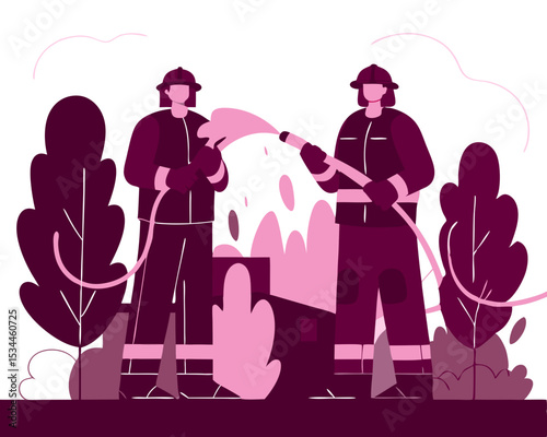 Firefighter Team Fighting Wildfire with Water Hose - Semi Flat Color Vector Characters, Full Body Cartoon Illustration Isolated on White