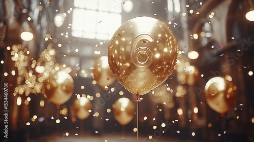Golden balloon six amidst a celebratory scene