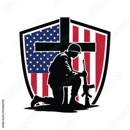 4th of July Vector Illustration – Kneeling Soldier with Cross, American Flag Shield, Patriotic Memorial Tribute Art


