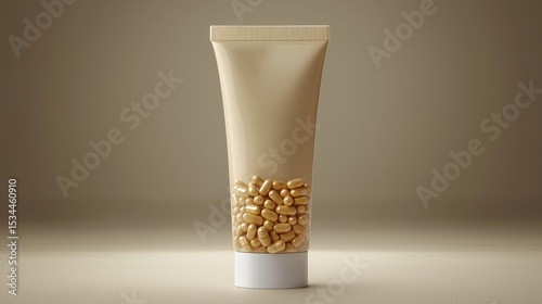 Cream tube filled with golden capsules.  Creamy beige tube,  white cap,  golden  pellets inside.  Studio shot