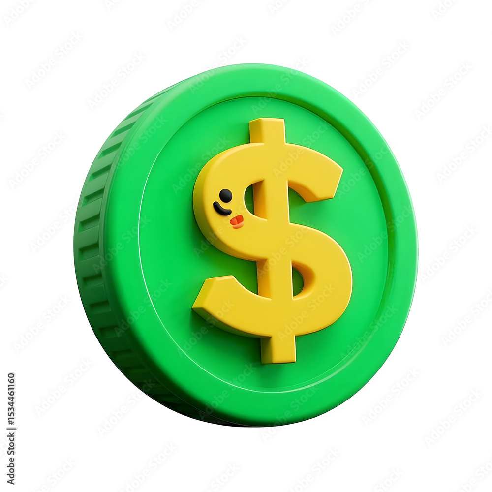 Fototapeta premium A Green Cartoon Dollar Coin with Cute Facial Expression Floating