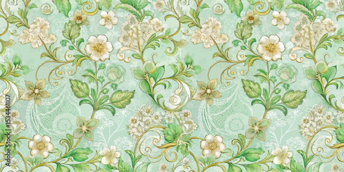 Delicate floral pattern in soft greens and ivory tones.