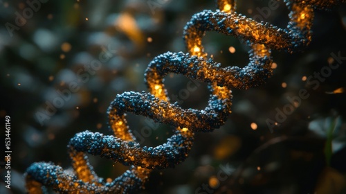 Golden DNA helix, close-up, glowing,  with dark background and  speckled details
