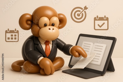 A cute 3D cartoon monkey in a business suit points at a document displayed on a tablet, with icons of targets and calendars in the background. This image depicts business planning, goal setting, or di