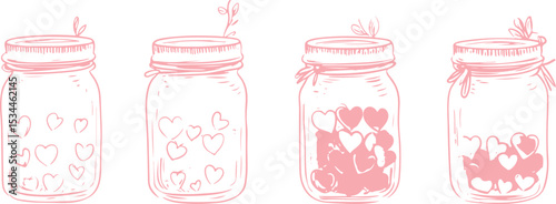 Hand drawn sketch jars of hearts, vector design