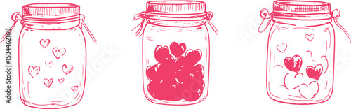 Hand drawn sketch jars of hearts, vector design