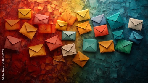 Colorful Envelopes Arranged on a Textured Backdrop Showcasing an Artistic Display of Communication and Creativity in a Vibrant Setting