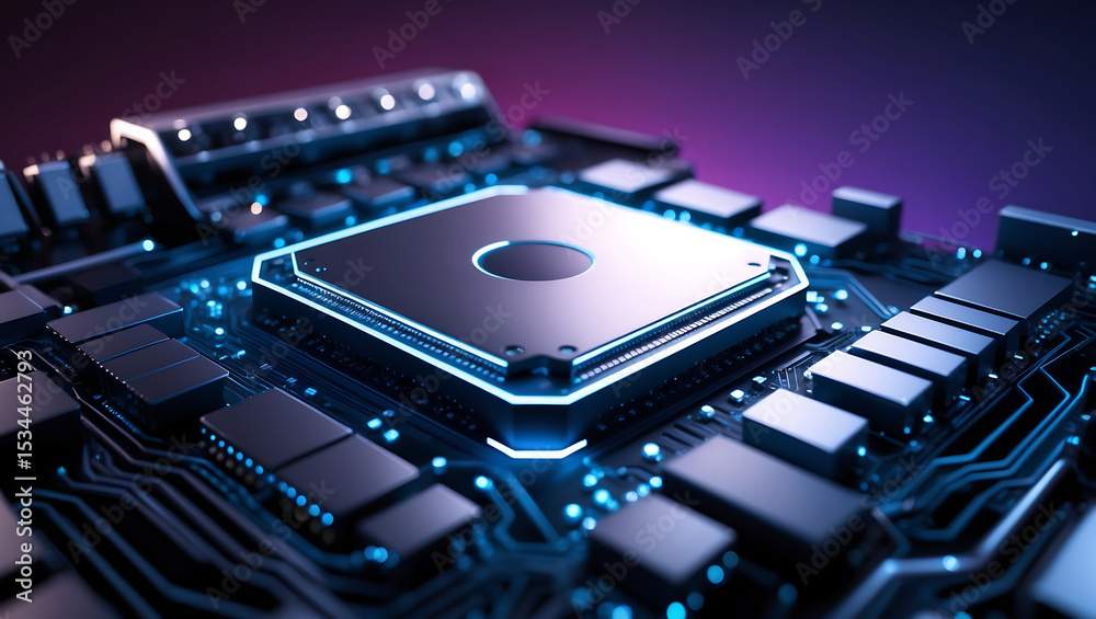 Fototapeta premium Microchip Technology Glowing on Circuit Board for Digital Innovation