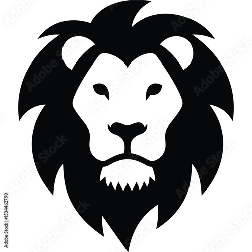 A stylized black and white lion head with a prominent mane and facial features on a plain background image silhouette