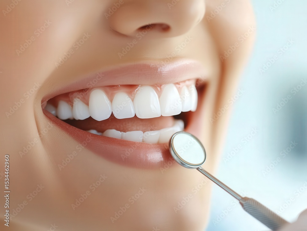 Fototapeta premium Close-up of dental treatment on a woman patients healthy white teeth, dentist using tools in mouth at clinic, blurred background. Real photo.