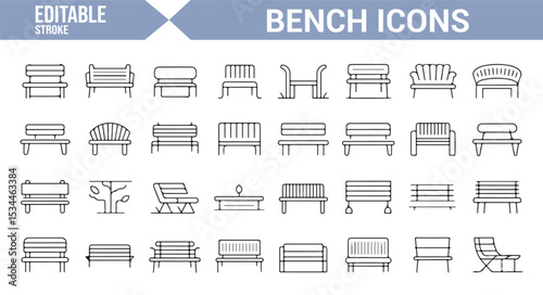 Icons representing different types of benches and outdoor seating for park and garden design.