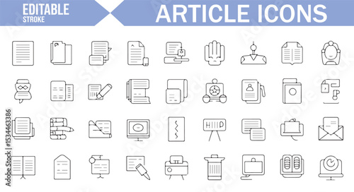 Editable vector icons for articles, documents, and office writing tools.