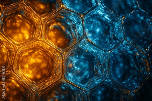 A close-up, abstract view of a hexagonal cellular structure, with some cells containing a glowing amber liquid and others filled with a cool blue substance. This vibrant and detailed image suggests th