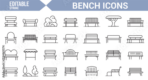 Set of vector icons for outdoor furniture, focusing on benches in different designs.

