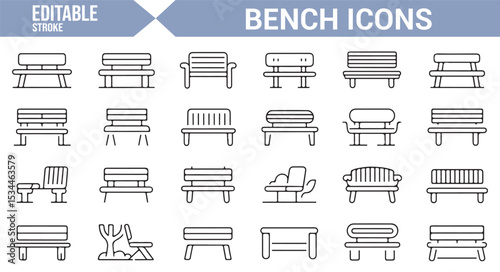 Editable icons set for public seating, including park benches and garden chairs.