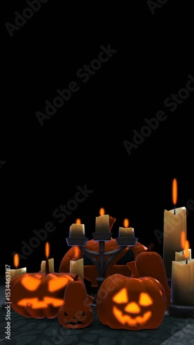 Seamless vertical video of pumpkins and candles on a black background. Halloween backdrop.