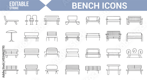 Collection of editable icons representing different styles of benches and outdoor seating.