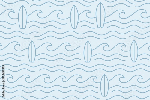 A simple and charming seamless pattern featuring outlined surfboards interspersed with stylized ocean waves on a light blue background. This clean design evokes summer, beach life, and minimalist aest