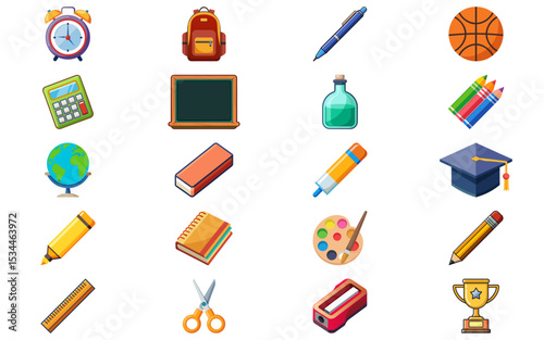 School Supplies Vector Elements Set – Education Tools Collection, Classroom Stationery, Learning Objects, Study Art