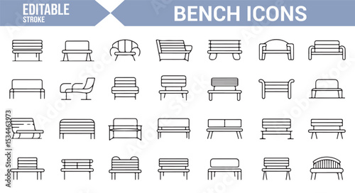 Editable vector icons for park, garden, and street furniture featuring benches.