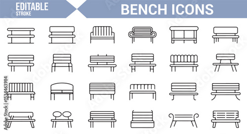 Set of editable icons for benches, outdoor seating, and public park furniture.