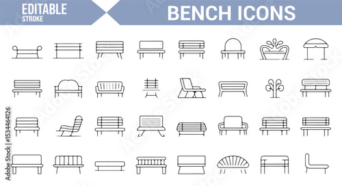 Editable vector icons for park benches and public seating designs in various styles.