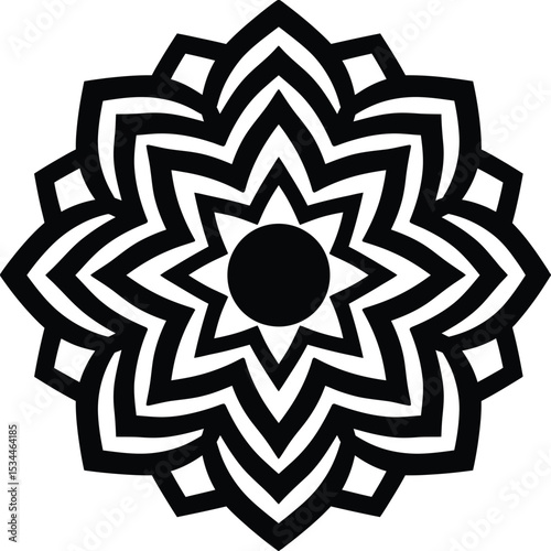 A symmetrical black and white floral design with a central circle and repeating petal patterns around it silhouette