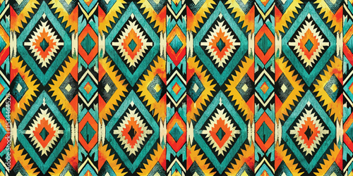 Vibrant geometric pattern featuring colorful diamonds and sharp angles.