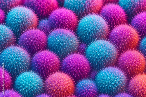 A vibrant, repeating pattern of fluffy, spherical microbes or bacteria in shades of bright pink, purple, and blue, creating a playful biological texture.