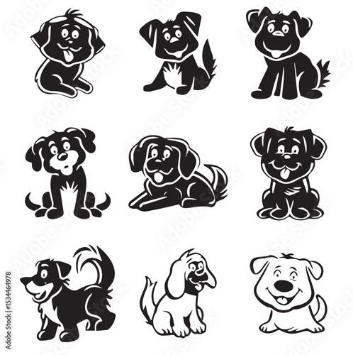 Cute dog icon set pet animal flat silhouette puppy icons funny dog character pictogram minimal woof sign