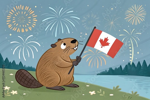 Happy Canada Day Beaver with Flag Fireworks Celebration,