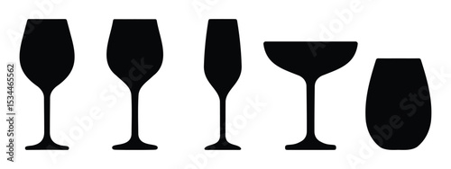 Set of minimal wine and cocktail glass silhouettes in black on white background, ideal for bar, restaurant, and drink-related designs