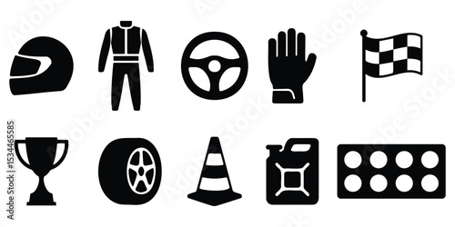Set of racing gear and equipment silhouettes including helmet, gloves, trophies, and steering wheel, ideal for motorsport-themed vector design