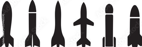 Silhouette collection of various missile and rocket shapes in black on white, ideal for aerospace, military, and space-themed design projects