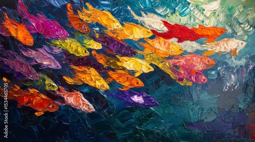 Vibrant oil painting of a school of colorful fish swimming in deep blue water.