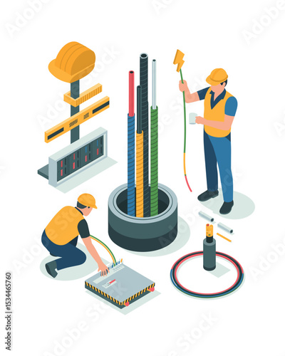Isometric Electrical Worker with Underground Cables and Equipment Illustration for Industrial Projects