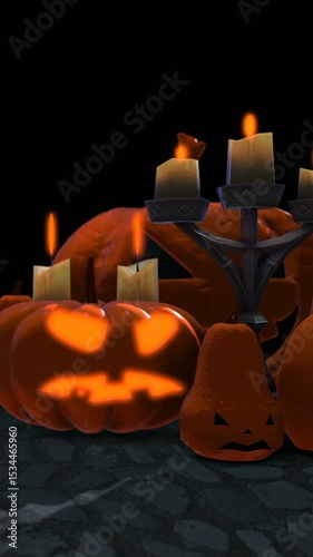 Seamless vertical video of pumpkins and candles on a black background. Halloween backdrop. Camera scroll.