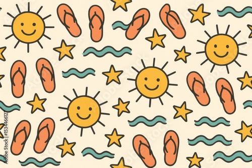 A cheerful and whimsical seamless pattern featuring hand-drawn beach-themed doodles including smiling suns, flip-flops, stars, and waves on a light background. Perfect for summer, travel, and playful 