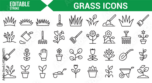 Collection of nature and garden icons, depicting flowers, plants, and garden tools.