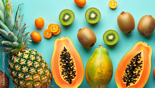 Tropical fruit flatlay pineapple papaya kiwi kumquats