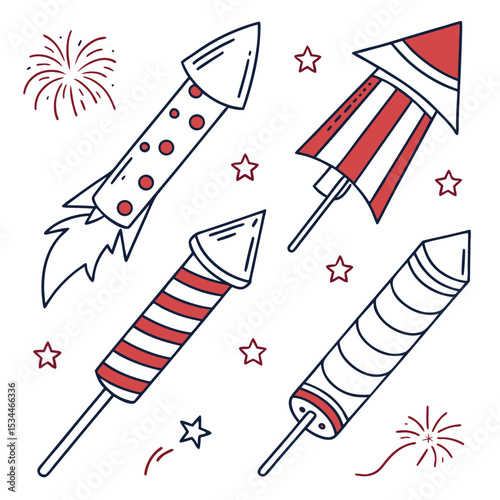 Vector Line Art Four Red White Firecrackers Fireworks