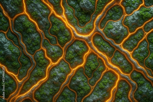 Abstract aerial view of glowing orange lava flowing through a dark, mossy rock landscape. This vibrant network of fiery veins creates a powerful natural pattern, representing energy, geology, or a fan
